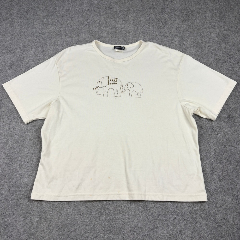 90s BonWorth T-Shirt Womens L Petite Cream Elephant Rhinestone Studded Vintage